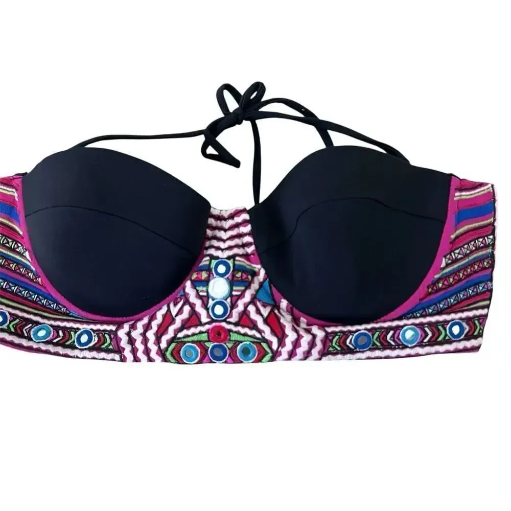 Mara Hoffman Strapless Bandeau Bikini Top Black Embroidered NEW Size L